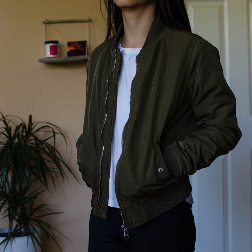 Bershka Olive Green Puff Bomber Jacket